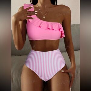 SHEIN Pink Striped Ruffle One Shoulder High Waisted Bikini